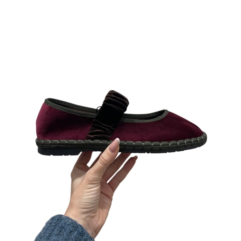 Mary jane terciopelo fruncido burdeos y verde