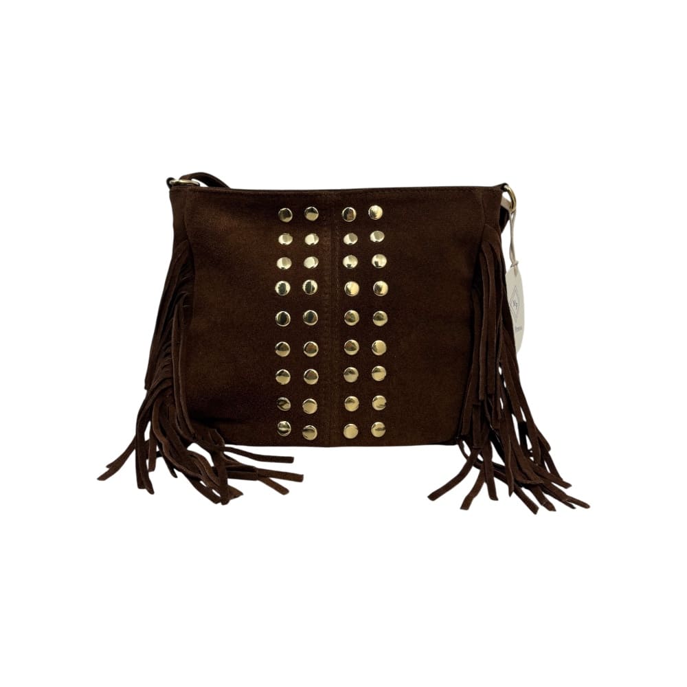 Bolso de piel tachuelas y flecos marrón