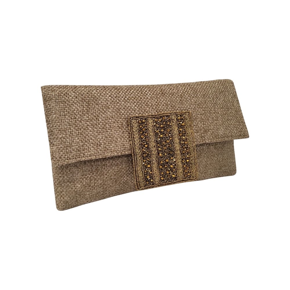 Bolso clutch marrón y dorado