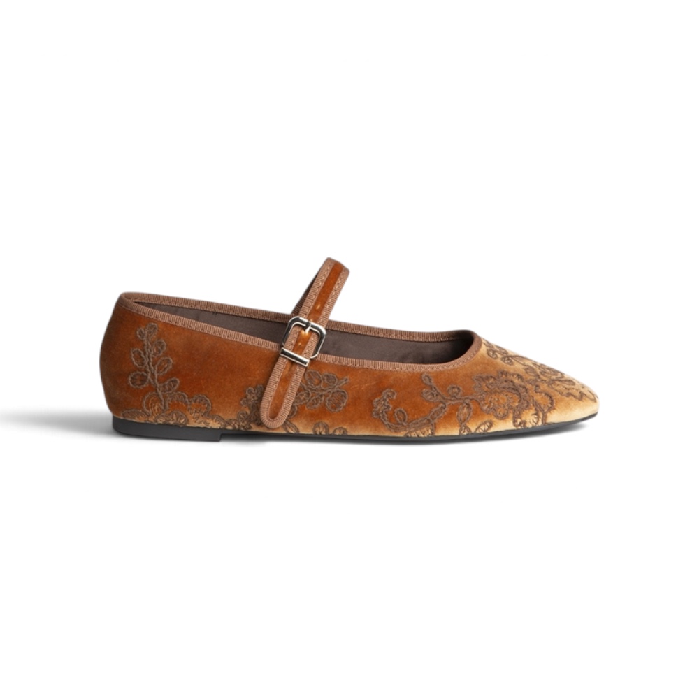 Bailarina mary jane terciopelo bordados camel